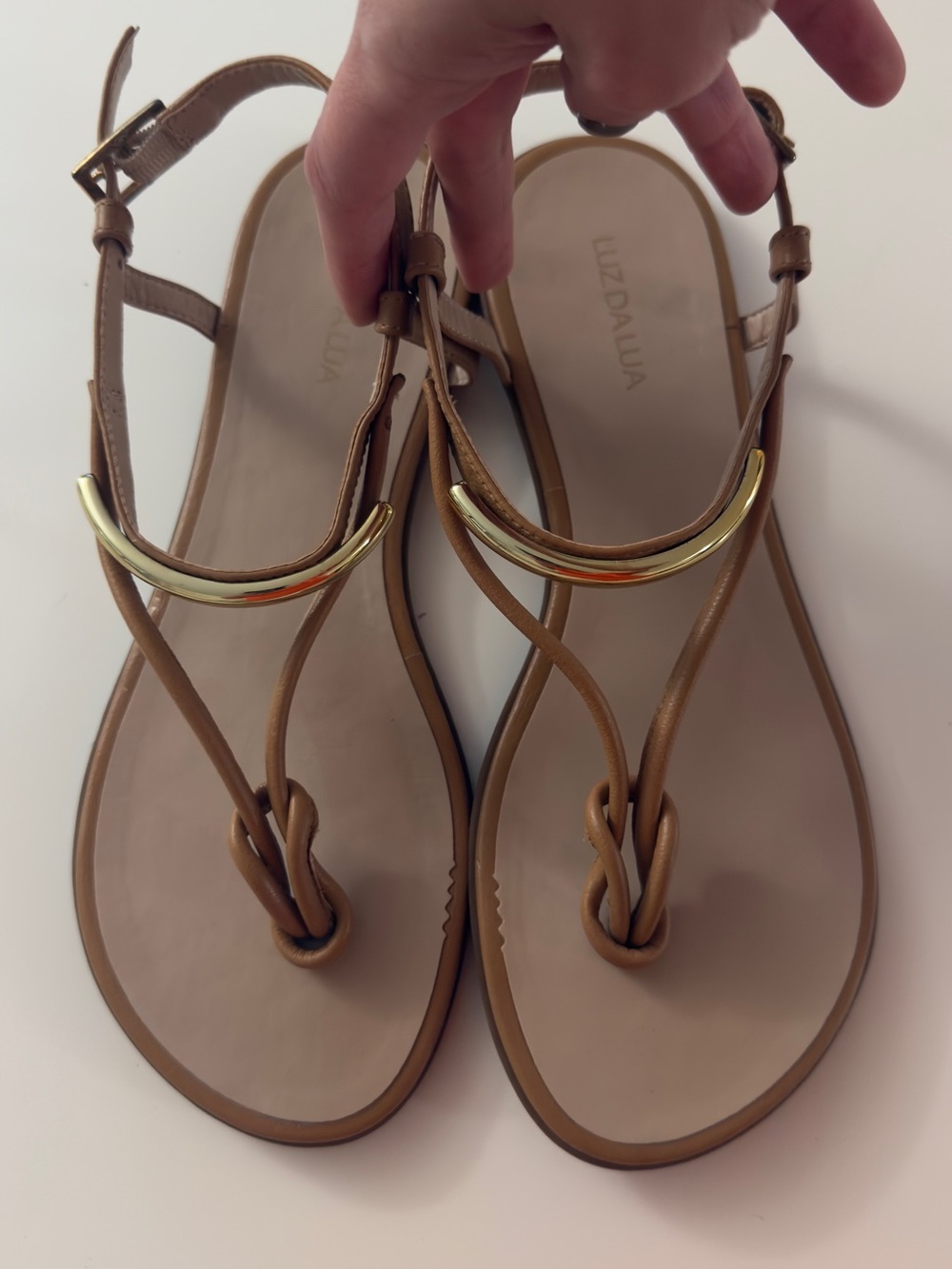LUZ DA LUA Tan Leather T-Strap Sandals with Gold Accent